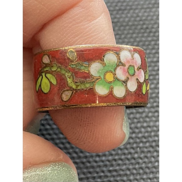 vintage Chinese cloisonné ring enameled floral designs Size 6 Estate Costume - Picture 5 of 5